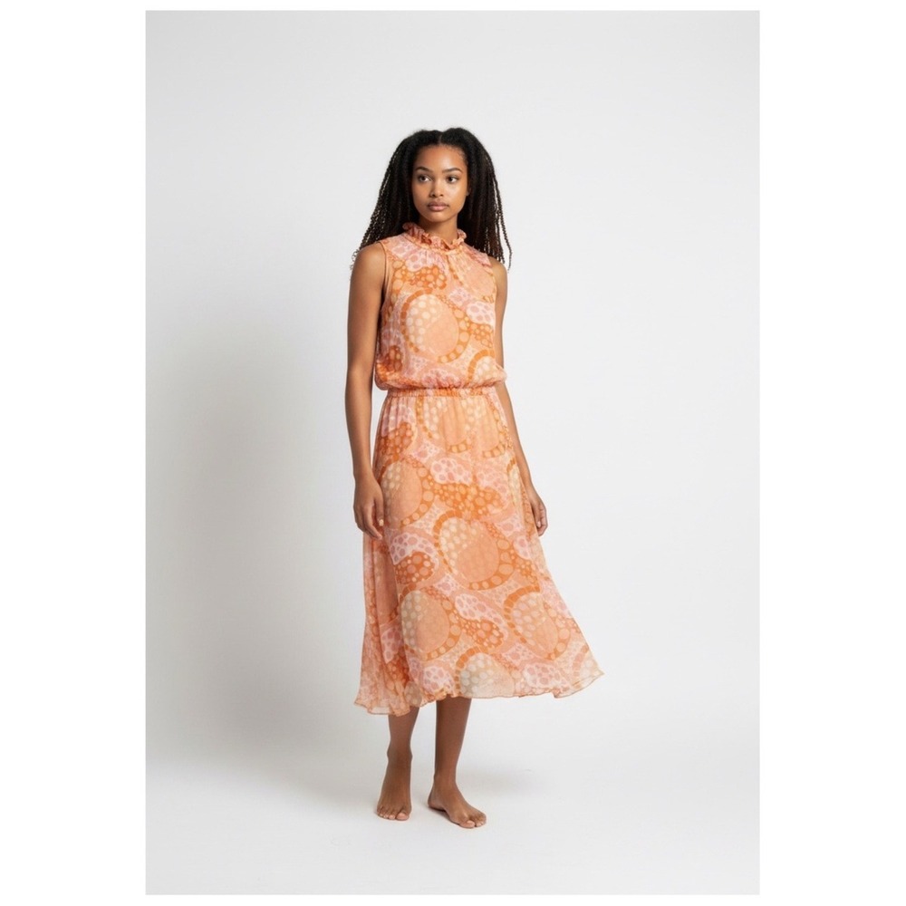 Agnona Silk Polka Dot Mock Neck Midi Dress Women's 8 Orange Quiet Luxury